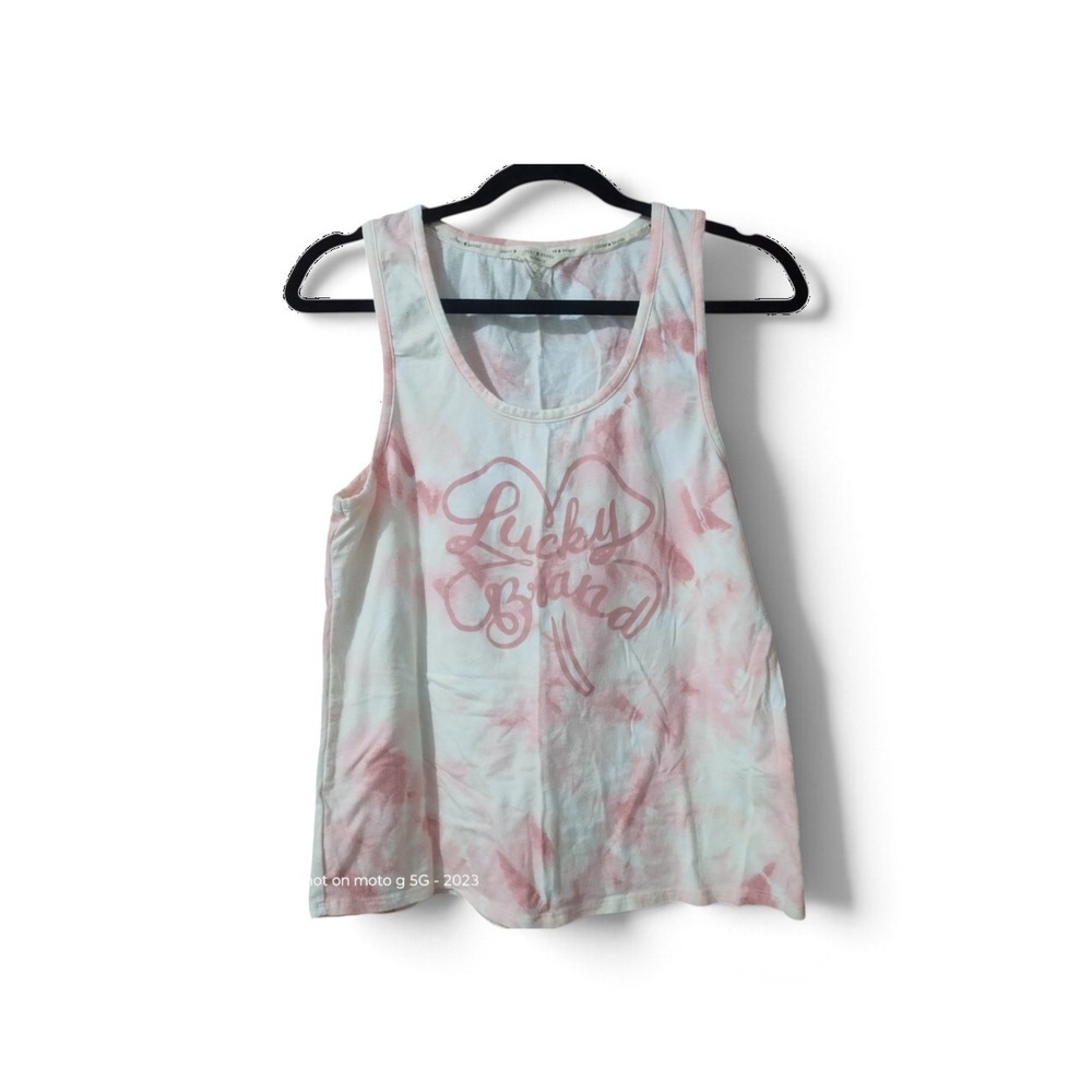 Lucky Brand Women Pink White Tie Dye Clover Graphic Tank Top Large